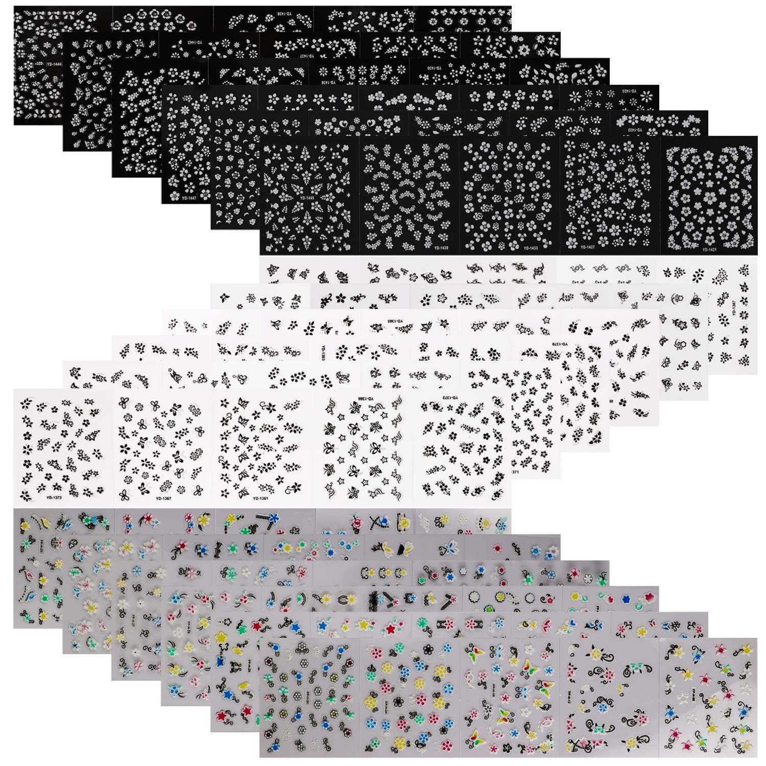 2500+ (90 Sheets) Nail Flower Stickers, Mwoot White Black Colorful Flowers 3D Nail Self Adhesive Stickers Nail Art Decals Set for Women Nail Manicure Decoration
