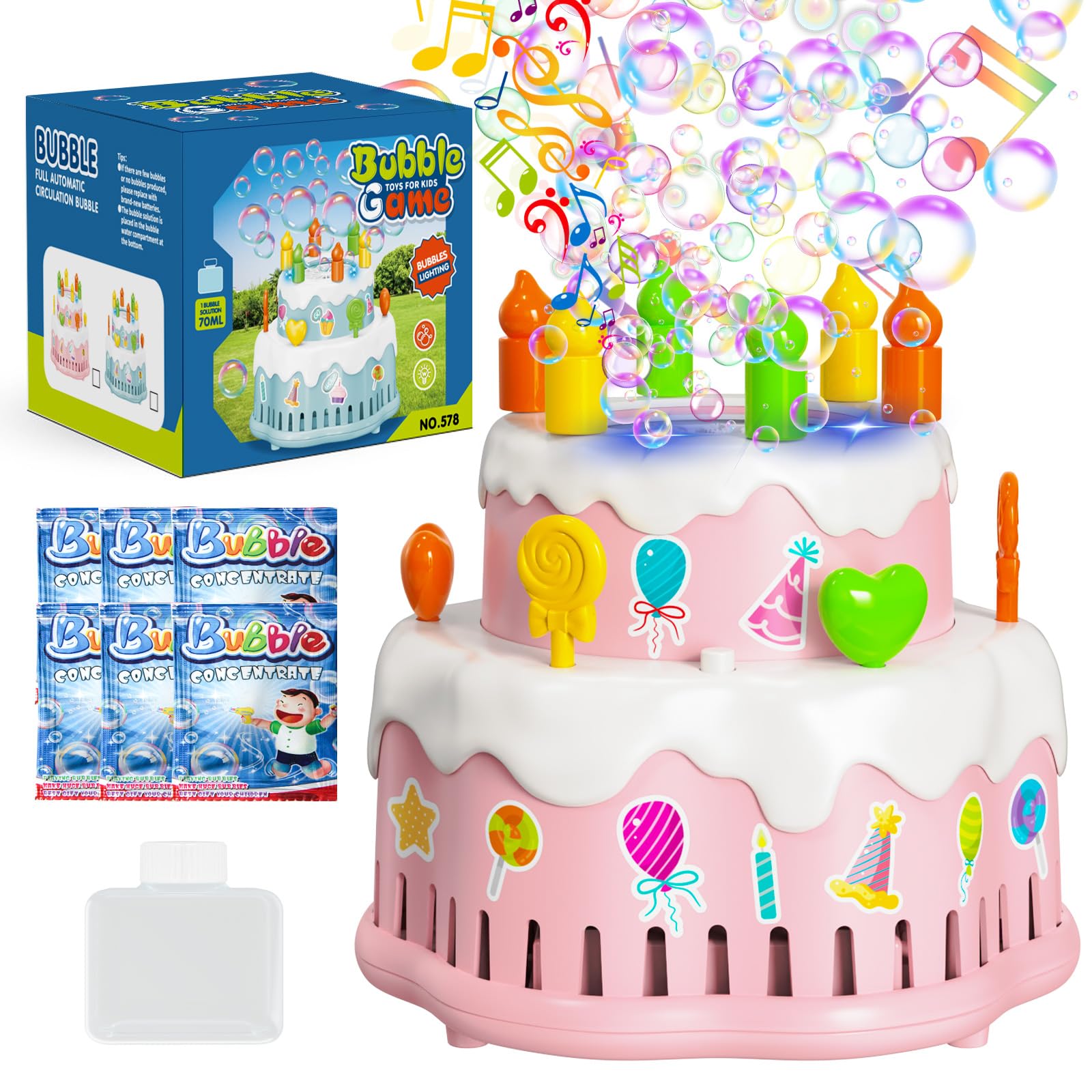 Photo 1 of Panamalar Birthday Cake Bubble Machine, Automatic Bubble Blower Machine for Kids Toddlers with Music/Lights/Solution,10000+ Bubble/Min 13 Holes Bubble Maker Toys for Outdoor Birthday Wedding Gift