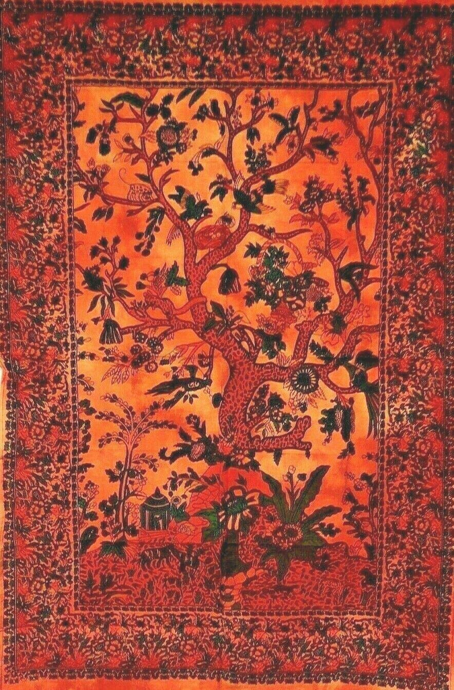 AVA Collections Indian Handmade TREE OF LIFE Hippy Wall Hanging Tapestry 100% Cotton Fabric Bohemian Boho Table Cover Bedroom Living Room Decor Backdrop (Orange, 40 x 30 inches)