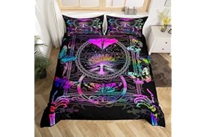 CASTLE FAIRY Boho Moth Bedding Set King Size,Skeleton Skull Gothic Duvet Cover Set for Kid Teen Boys Girls,Butterflies Trees Comforter Cover Decorative Room,Mysterious Neon Gradient Quilt Cover with 2 Pillowcases