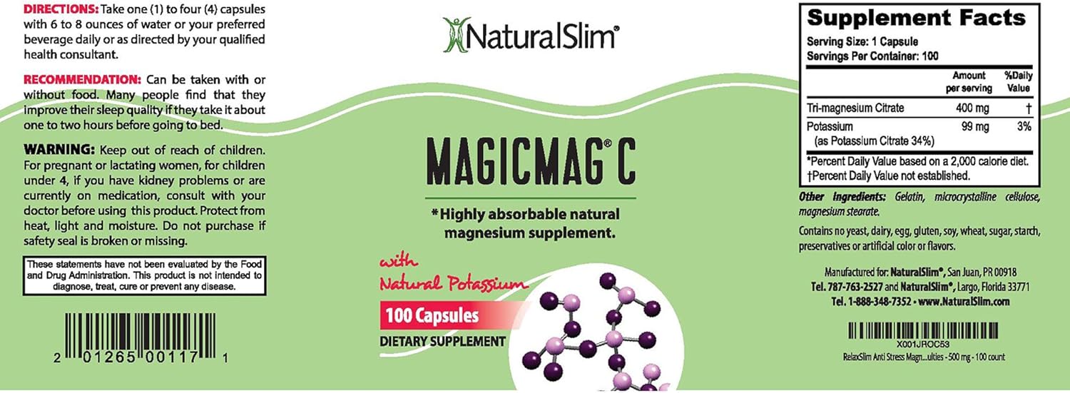 NaturalSlim Anti Stress Magnesium Capsules - Pure Magnesium Citrate Plus Potassium - Natural Aid to a Slow Metabolism, Muscle Relaxation & Sleeping Difficulties - 500 mg - 100 Count (1 Pack): Health & Personal Care
