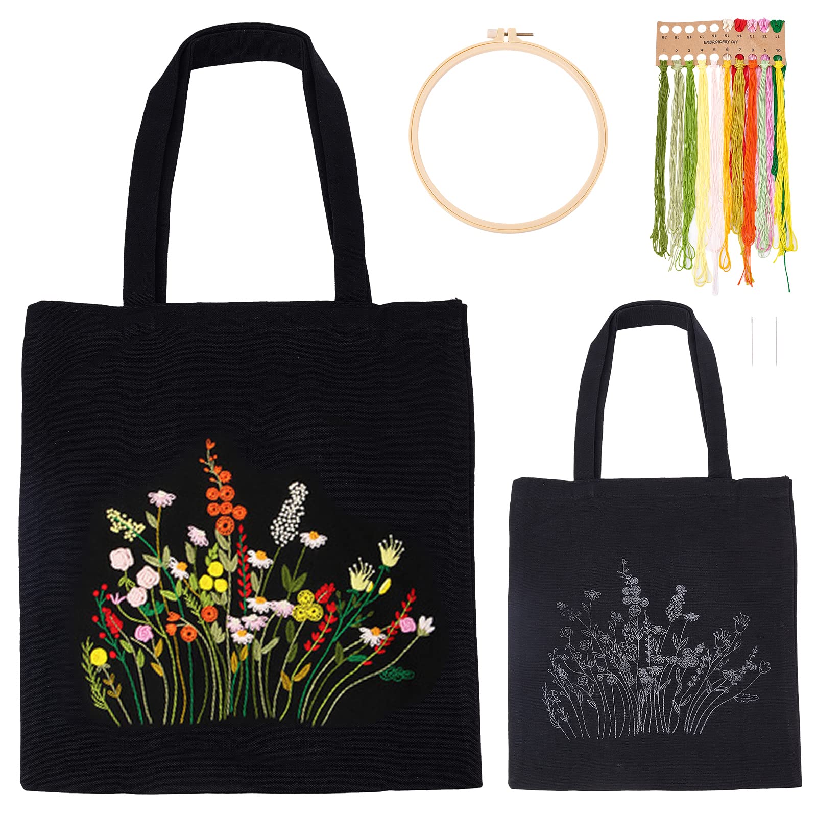 WADORN DIY Canvas Tote Bag Embroidery Kit, Black Canvas Bag Flower Cross Stitch Kit with Pattern and Instruction Personalized Bag Funny Hand Needlepoint Kit Include Hoops Color Threads and Needles