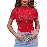 Avidlove Women Mesh Tops Short Sleeve Rhinestone Shirts Sheer Blouse Sexy Going Out Tops Sparkly Party Tops Summer