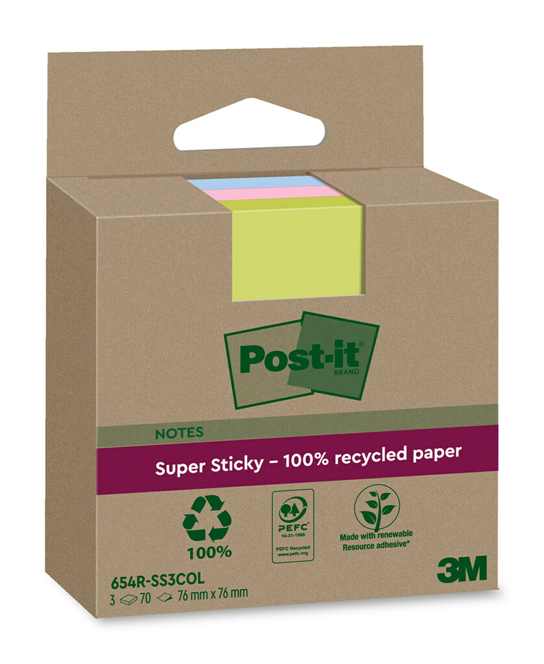 Post-it Super Sticky 100% Recycled Notes, Pack of 3 Pads, 70 Sheets per Pad, 76 mm x 76 mm, Pink, Green, Blue - Extra Sticky Notes Made from 100% Recycled Paper