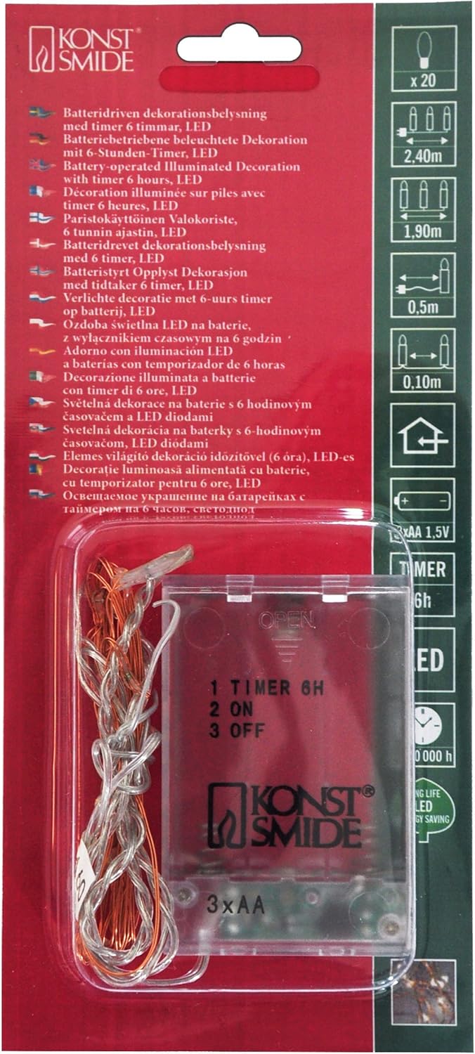 Konstsmide LED Naked Wire/Pin Wire Micro Lights Battery Fairy Lights/Indoor Use (IP20)/ 20 Amber White Diodes LED Lights/ 6 Hour Timer Function/ 3AA Batteries (Excl.)/ Copper Wire String Lights