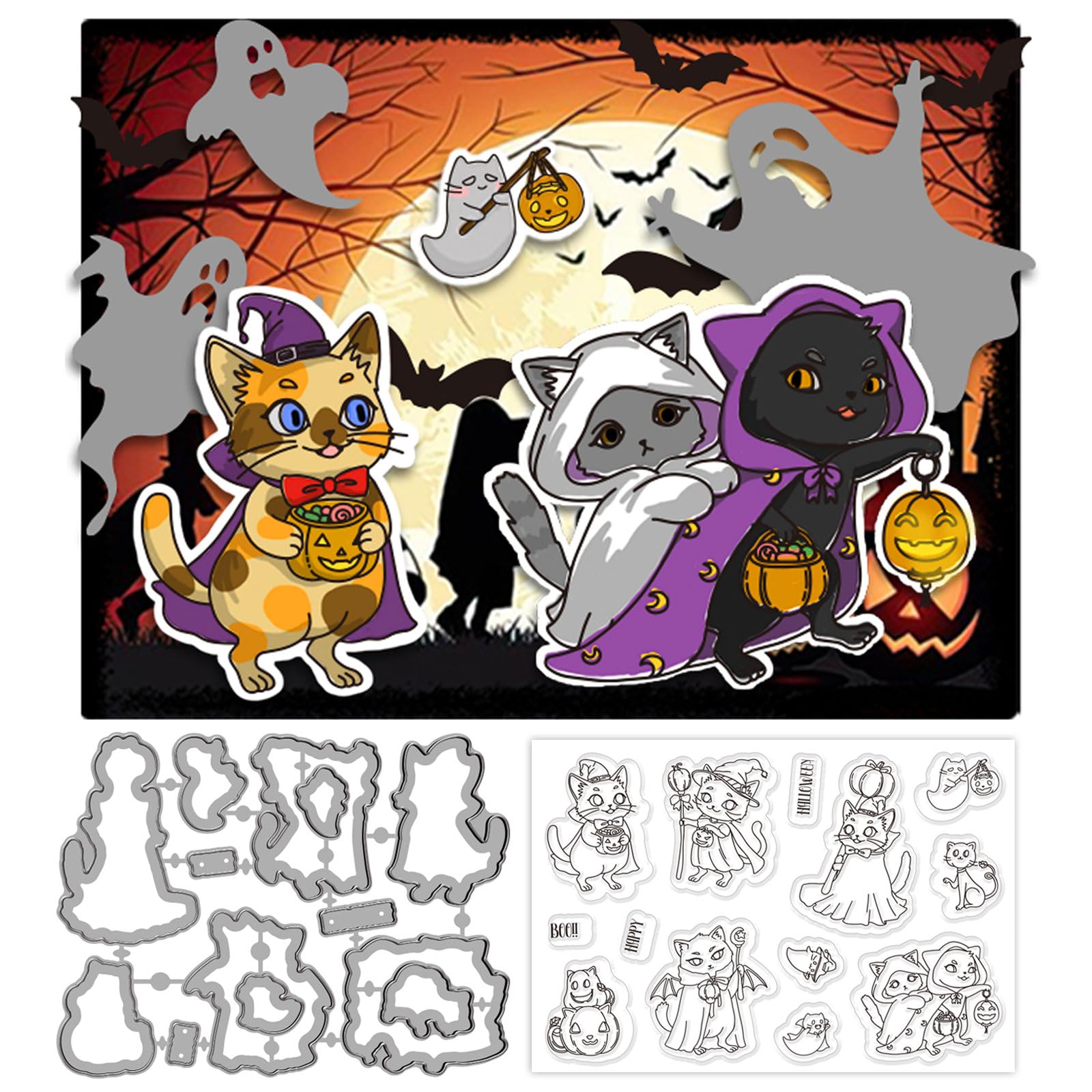ORIGACH Halloween Cat Clear Stamps and Cutting Dies for Card Making, Cat Silicone Transparent Stamps and Die Set for Halloween DIY Craft Scrapbooking Photo Album Journaling