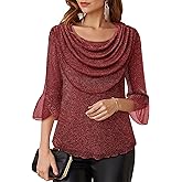 Lotusmile Blouses for Women Dressy Casual 3/4 Sleeve Cowl Neck Sparkly Tops Cocktail Shirts for Evening Party
