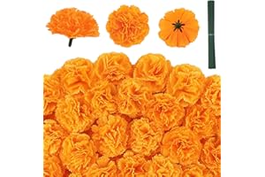 JMUQ 40Pcs Artificial Marigold Flowers, 2inch Silk Marigolds with Stems, Orange Artificial Flowers for Diwali Home Decor Marigold Garland Day of The Dead Decorations