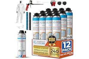 AG ADHESIVE GURU QuickCoat Closed Cell Spray Foam Insulation Kit for Wall–12x32.8oz(930g) Covers 240 Board Ft–DIY Expanding Sealant Set, Insulates Heat&Sound, Fills Gaps&Cracks–12 Foam Cans, Cleaner, Gun&Safety Gear