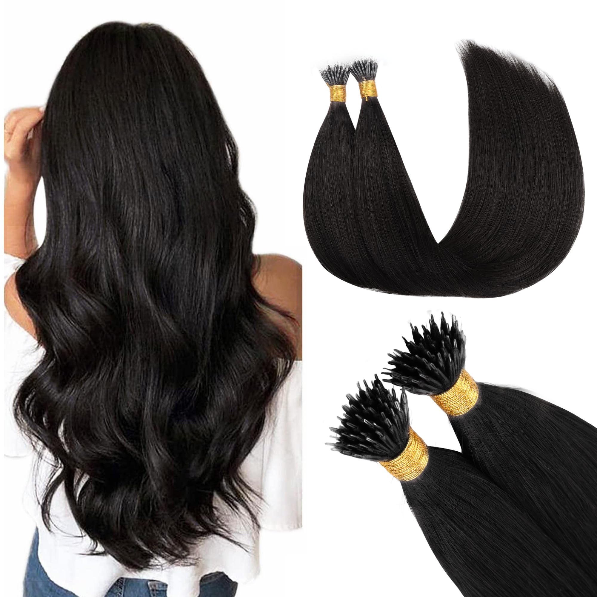 GOO GOO Nano Hair Extensions Real Human Hair, Nano Beads Hair Extensions, Natural black 50g 14inch 100 Strands Cold Fusion Nano Rings Extensions