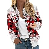JWNYJFB Holiday Outfits for Women Cute Christmas Print Long Sleeve Zipper Lightweight Cardigan Quilted Jackets Outerwear