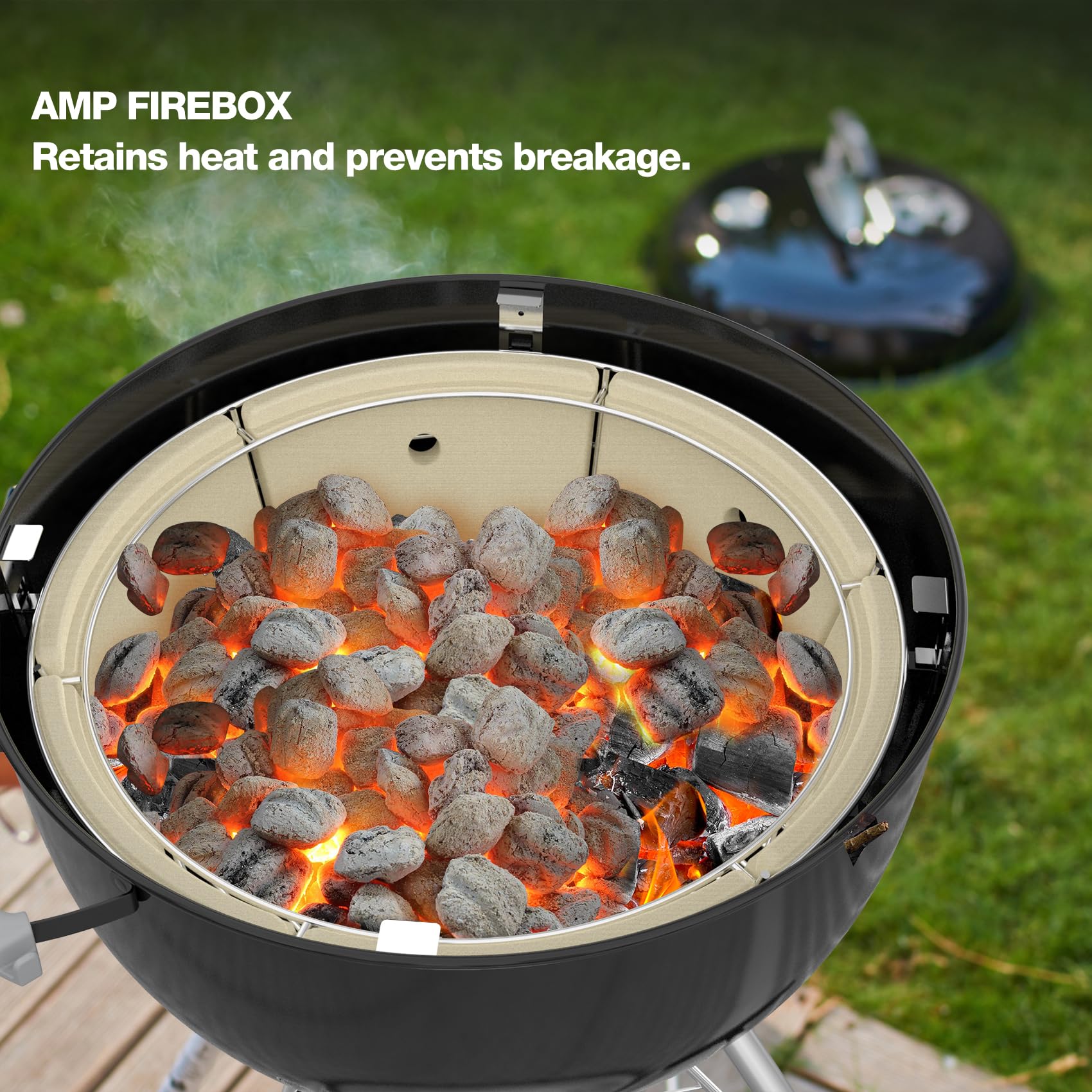 onlyfire Räucherbox Kit mit Edelstahl Holzkohlekorb, Hitzeabweiser und 4 Grillrost Erhöhungen, Räucherkammer Grillzubehör für Weber 57 cm Kettle Holzkohlegrill 4