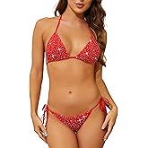 Oneheekini Women Sexy Sparkle Glitter Swimwear Shiny Crystal Rhinestones Thong Bikini Sets Tie Side Bathing Suits