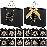 Kolldenn 12 Pcs Large Thank You Gift Bags with Handles Bow and Tissue Paper Bulk, 12.6 x 10 x 4.3 Inches Appreciation Gift Wrap Bags for Birthday Team(Black)