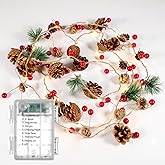 Christmas Garland with Lights, 9.8FT 30 LED Lights Christmas Deccorations for Apartment, Christmas Indoor Decorations with Pinecones, Red Berries, Bells for Fireplace Mantel, Stairs (Warm Color)