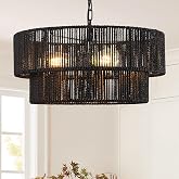 Lornwick Black Rattan Chandelier，Boho Wicker Hanging Pendant Light | 18" Handwoven Hemp Rope light fixture、bohemian Double-Drum chandeliers for dining room，Living Rooms, and Kitchens.