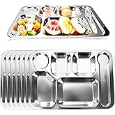 8 Pack 304 Stainless Steel Divided Plates Tray 6 Section Dinner Plates Unbreakable Metal Serving Platter Rectangular Control Plate for Adults Picky Eaters Campers Portion Control