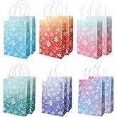 12 Pack Colorful Snowflake Paper Bags with Handle for Goodie Candy Snack Treat Gift Wrap Winter Wonderland Theme Christmas Holiday Baby Shower Frozen Birthday Party Favors Supplies Decorations