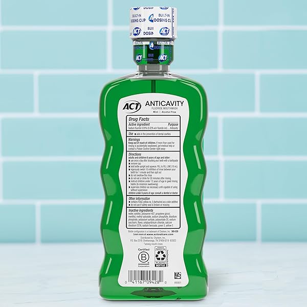 ACT ANTICAVITY ZERO ALCOHOL FLUORIDE MOUTHWASH 18 FL. OZ., WITH ACCURATE DOSING CUP, MINT