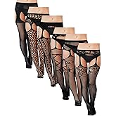 6 Pairs Plus Size Fishnet Stockings Plus Thigh Highs Stockings Pantyhose Garter Belts Sets for Women
