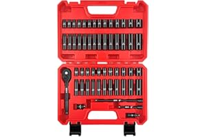 WETT 55-Piece 1/4" Drive Impact Socket Set, SAE/Metric, Deep/Shallow, Cr-V Steel, 6 Point, (5/32"-9/16", 4-15mm) Sockets with Ratchet Handle, Extension bar, Adapter and Universal Joint
