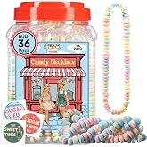 36 Candy Necklaces Individually Wrapped, Bulk Candy Choker Birthday Favors | Nostalgic pastel candy jewelry on a stretchy candy choker, party favors for goody bags, pinatas and birthdays, by 4YoreElves