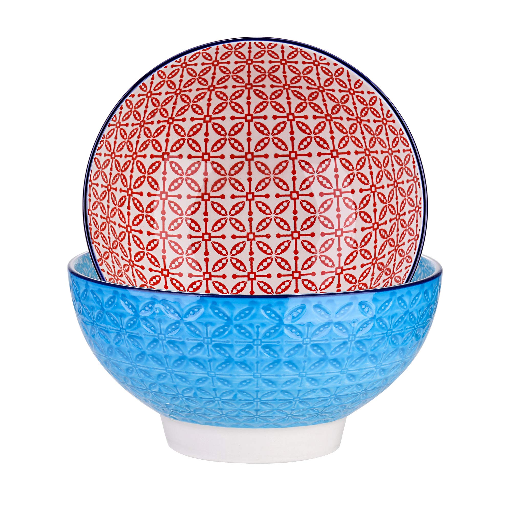 vancasso Macaron Large Pasta Bowl Set of 2 , 1200ml Big Porcelain Ramen Bowl/Noodle Bowl/Soup Bowl/Salad Bowl/Fruit Bowl/Serving Bowl, Red and Blue. (18.7*18.7*8.5cm)