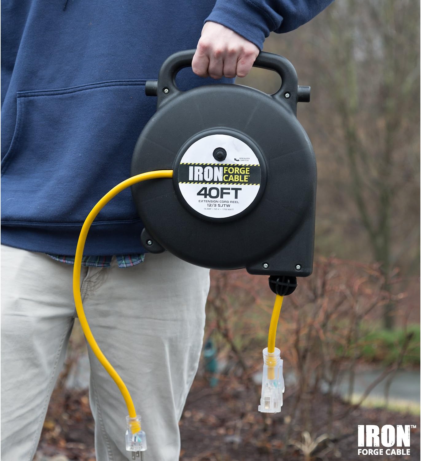 40 Ft Retractable Extension Cord Reel 12/3 SJTW Heavy Duty Yellow Cable