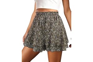 COOUFE Mini Skirts for Women 2025 Casual Boho Floral Skorts Layered Hem A-Line Tennis Chiffon Shorts