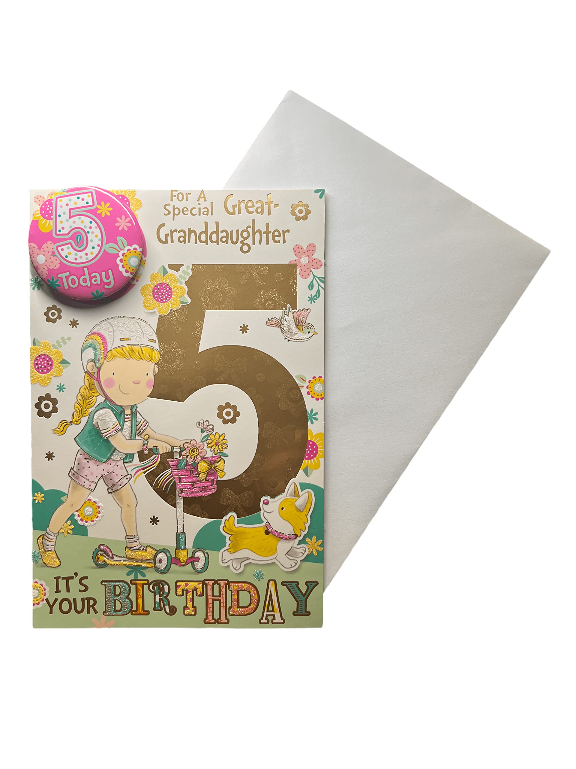 Sensations / Xpress Yourself Express Yourself Birthday Card for Great Granddaughter Age 5 - Includes Badge and Envelope - Animated Little 5 Year Old Girl and Her Pet Dog Design,22.8 x 15.3 cm