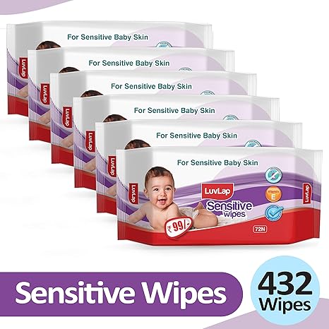 LuvLap Paraben Free Baby Wipes for Sensitive Skin, Fragrance Free (72 Wipes/Pack, Pack of 6)