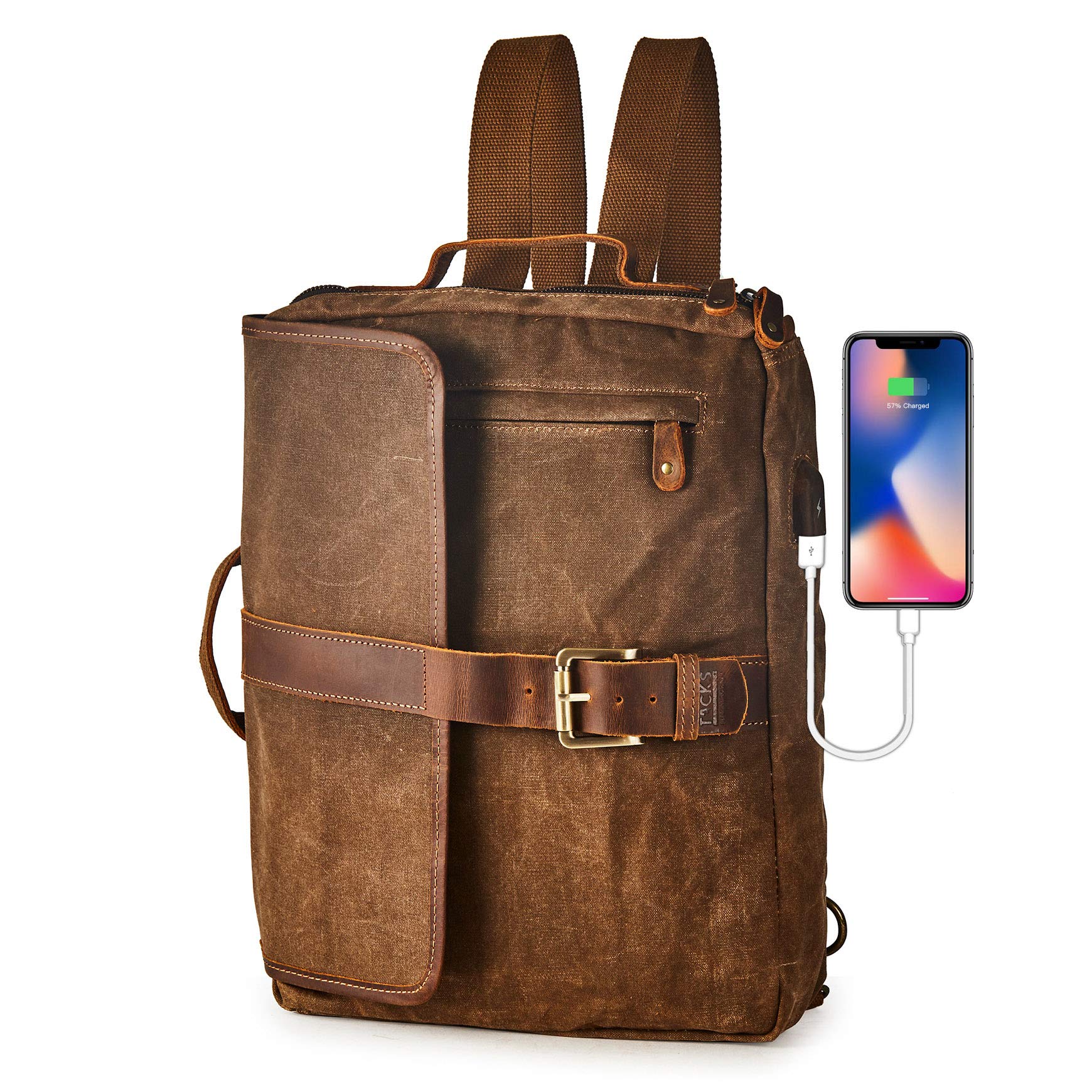 BRASS TACKS Leathercraft Vintage Waterproof Waxed Canvas Convertible Laptop Messenger Backpack Rucksack For Men Women Bronze