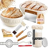 Sourdough Starter Kit - Banneton Proofing Basket 9 Inch Round & 10 Oval, Complete Sourdough Bread Baking Supplies with Starter Jar, Bread Sling, Lame, Danish Dough Whisk, Bags