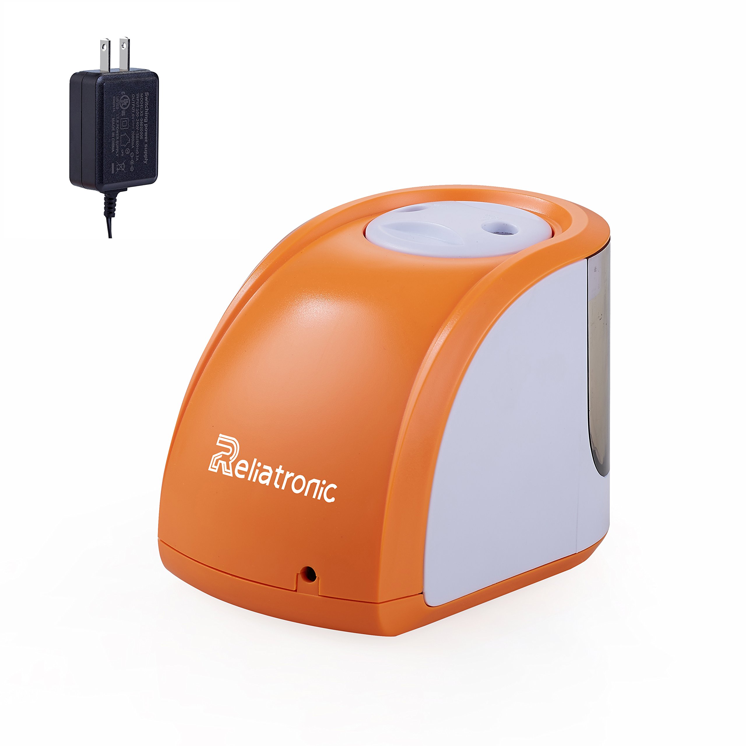 Reliatronic Electric Pencil Sharpener with 2 Holes, Especially Suitable for Colored Pencils, Both AC Powered and Battery Operated, Orange