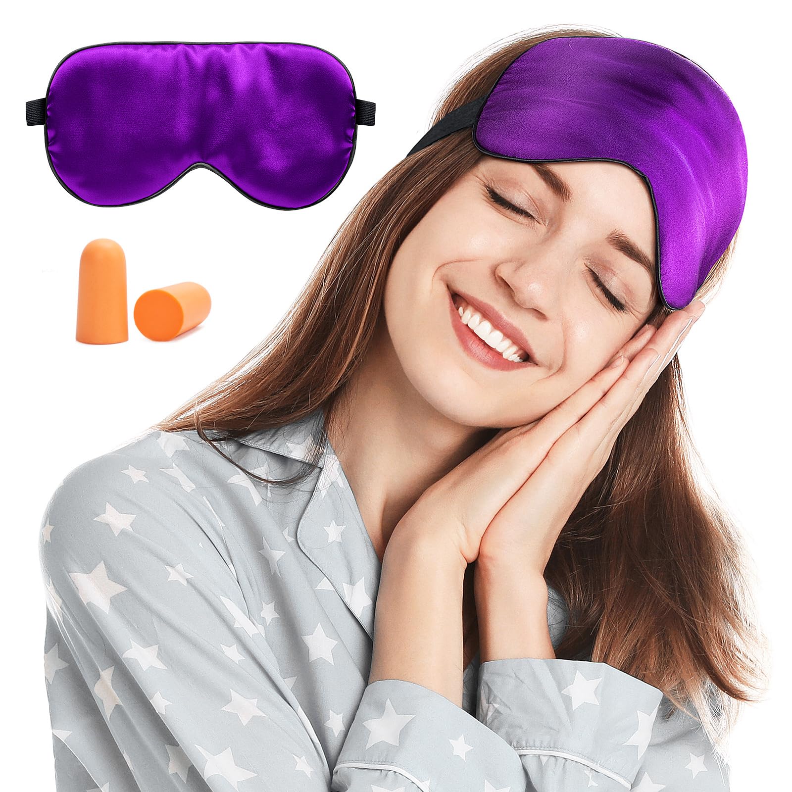 Viedouce Sleep Eye Mask,100% Natural Silk Eye Mask for Sleeping,Eye Blinder with Adjustable Strap and Ear Plug,Light-Blackout Design,Soft Sleep Mask for Women,Men and Kids(Purple)