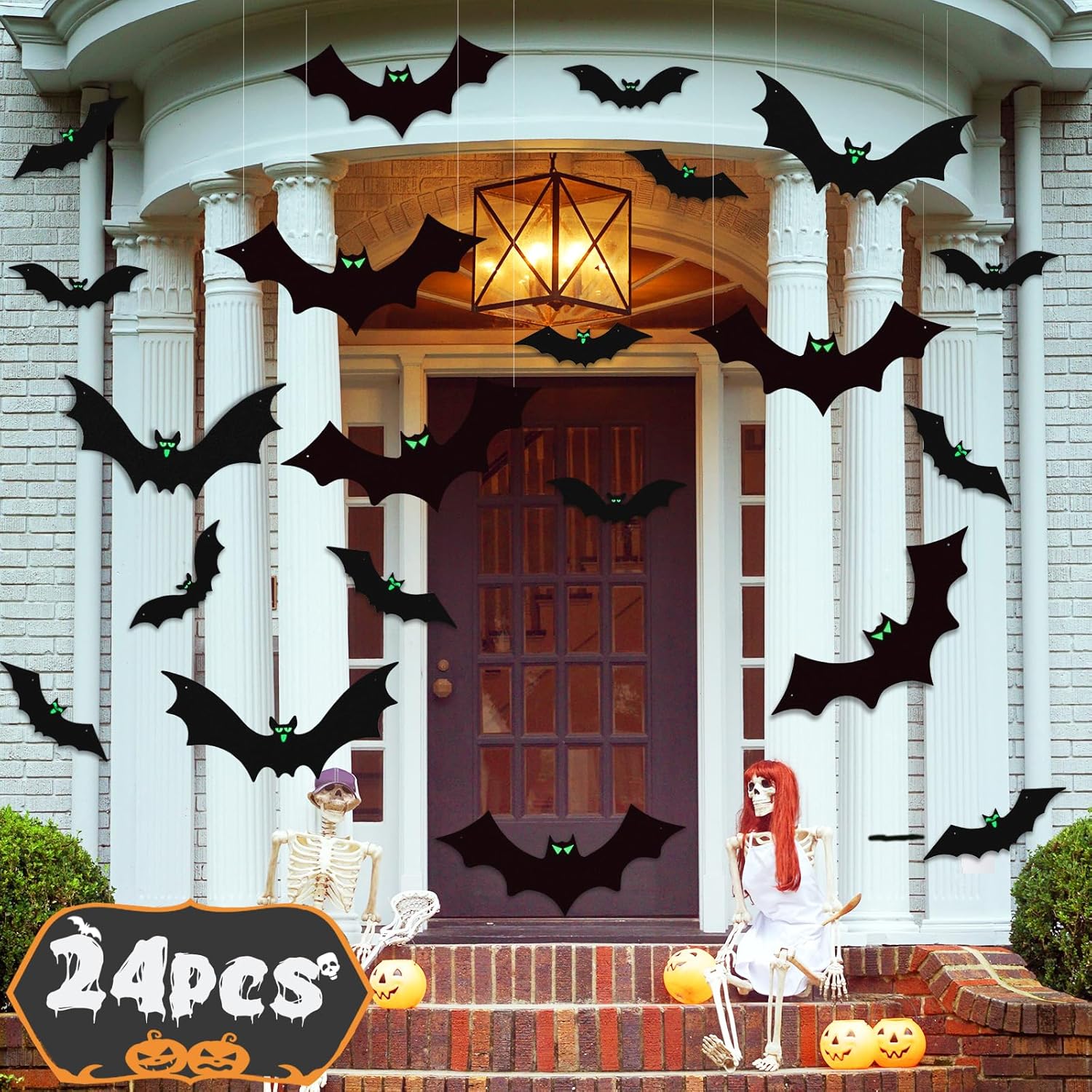 Outdoor Holiday Decorations - KIZZYEA 24 Pcs Hanging Bats Halloween Decorations for Indoor & Outdoor Yard, Tree, Lawn, Wall, Large Flying Plastic Halloween Bats Outside Decor, 4 Different Sizes with Glowing Eyes Sticker