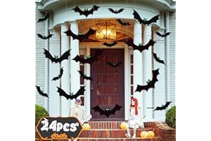 Toidgy 24 PCS Hanging Bats Halloween Decorations Outdoor, Bat Halloween Decor Indoor for Yard, Tree, Wall, Plastic Bats Decoration with Glowing Eyes Sticker, Outside Halloween Party Home Decorations
