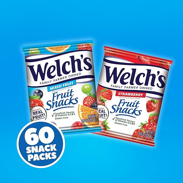 WELCH’S FRUIT SNACKS, MIXED FRUIT & STRAWBERRY SNACK BOX, GLUTEN FREE, 0.8OZ SNACK PACKS (PACK OF 60)