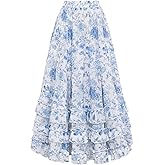 SCARLET DARKNESS Maxi Skirts for Women Floral Chiffon Elastic High Waist Flowy Ruffle Long Skirt with Pockets