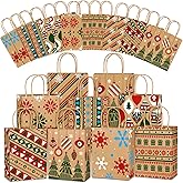 Vellibring 24pcs Christmas Kraft Gift Bags,Xmas Paper Bags with Handle Goody Bags Medium Xmas Assorted Paper Christmas Prints Bags for Holiday Party Decor Favors Supplies