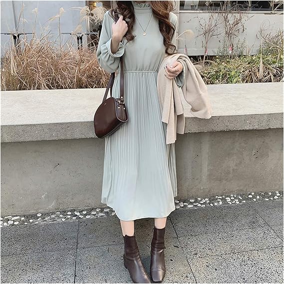 売り尽 レディースファッション スタンドカラーシフォンエラスティックスリムウエストパーティードレススプリングaライン女性フレアスリーブボヘ 最適な価格 Elskaveda Com