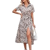 BROVAVE Women's 2026 Summer Short Sleeve Work Dresses Tie Waist Button Down Animals Print Midi A-Line Shirt Dress