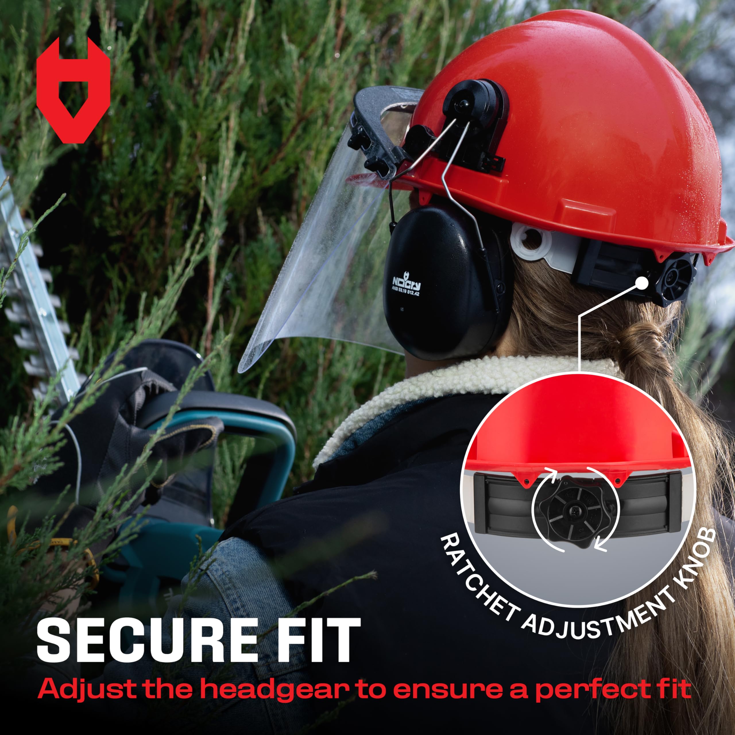 NoCry 6-in-1 Industrial Chainsaw Helmet with Face Shield and Ear Muffs - Includes Mesh and Clear Plastic Face Visor - ANSI Z89.1 Certified Forestry Helmet