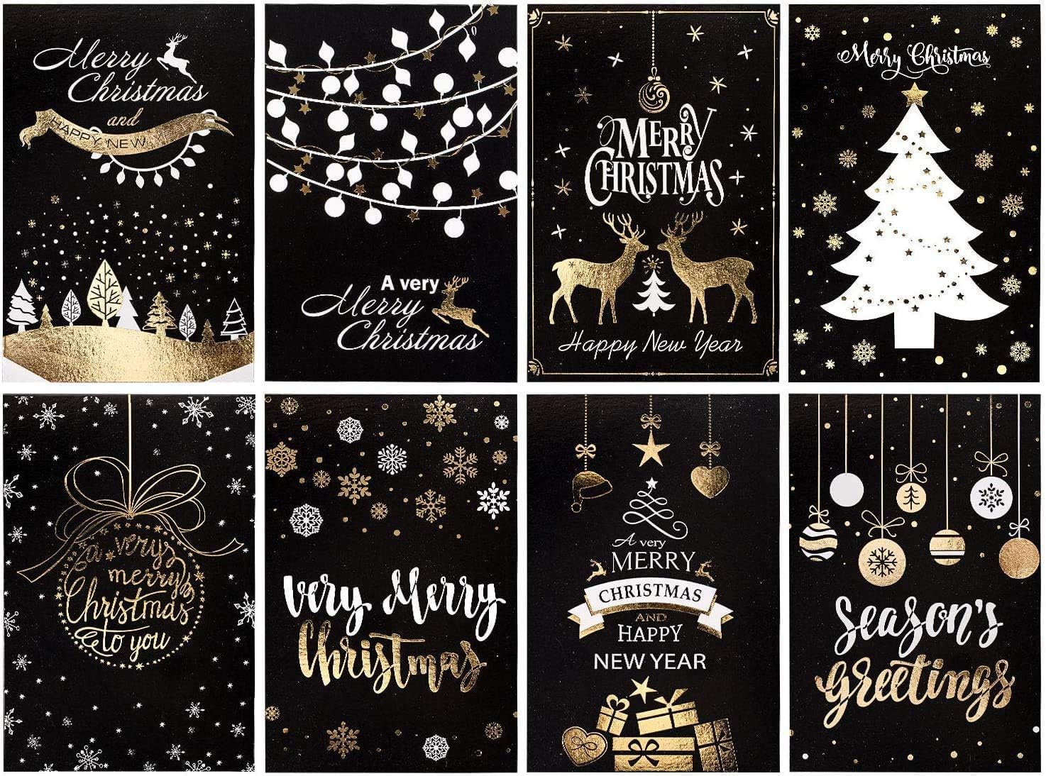 Whaline 32 Pack Black Bronzing Christmas Greeting Cards with 32 White Envelopes and 32 Stickers, Reindeer Xmas Tree Snowflake Cards, for Winter Holidays,Xmas,New Year,Holiday Giving, 8 Designs