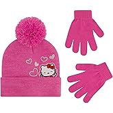 Hello Kitty Girls Beanie Hat and Gloves Set, Cuffed Knit Cap with Pom and Matching Mittens, Pink, One Size
