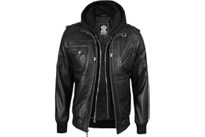 Decrum Hooded Leather Jacket Men - Real Lambksin Bomber Style Leather Jackets For Mens With Detachable Hood