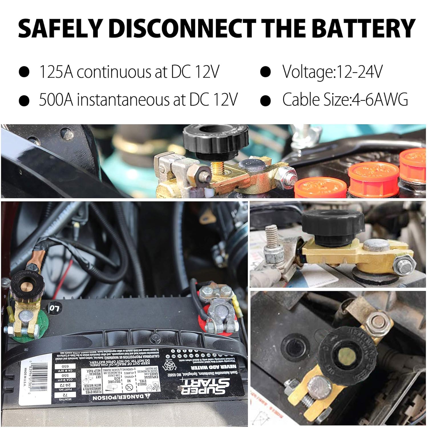 LotFancy Top Post Battery Disconnect Switch, 12V 24V Battery Kill Switch for Car Auto Truck Boat RV ATV Motorcycle, Battery Quick Disconnect Cutoff Switch, Knob Type, 125/500 Amps: Industrial & Scientific