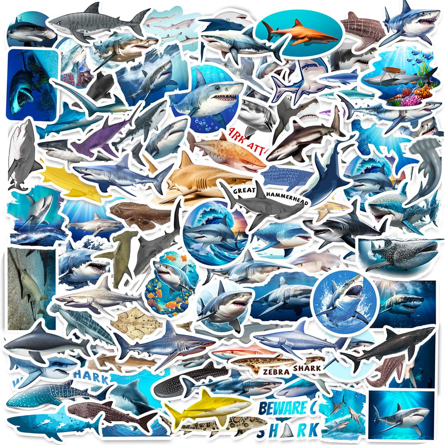 Photo 1 of 100 PCS Realistic Shark Stickers, Ocean Themed Shark Party Favors and Birthday Decorations, Vinyl Stickers for Water Bottles, Laptops, Luggage, Skateboards, and More