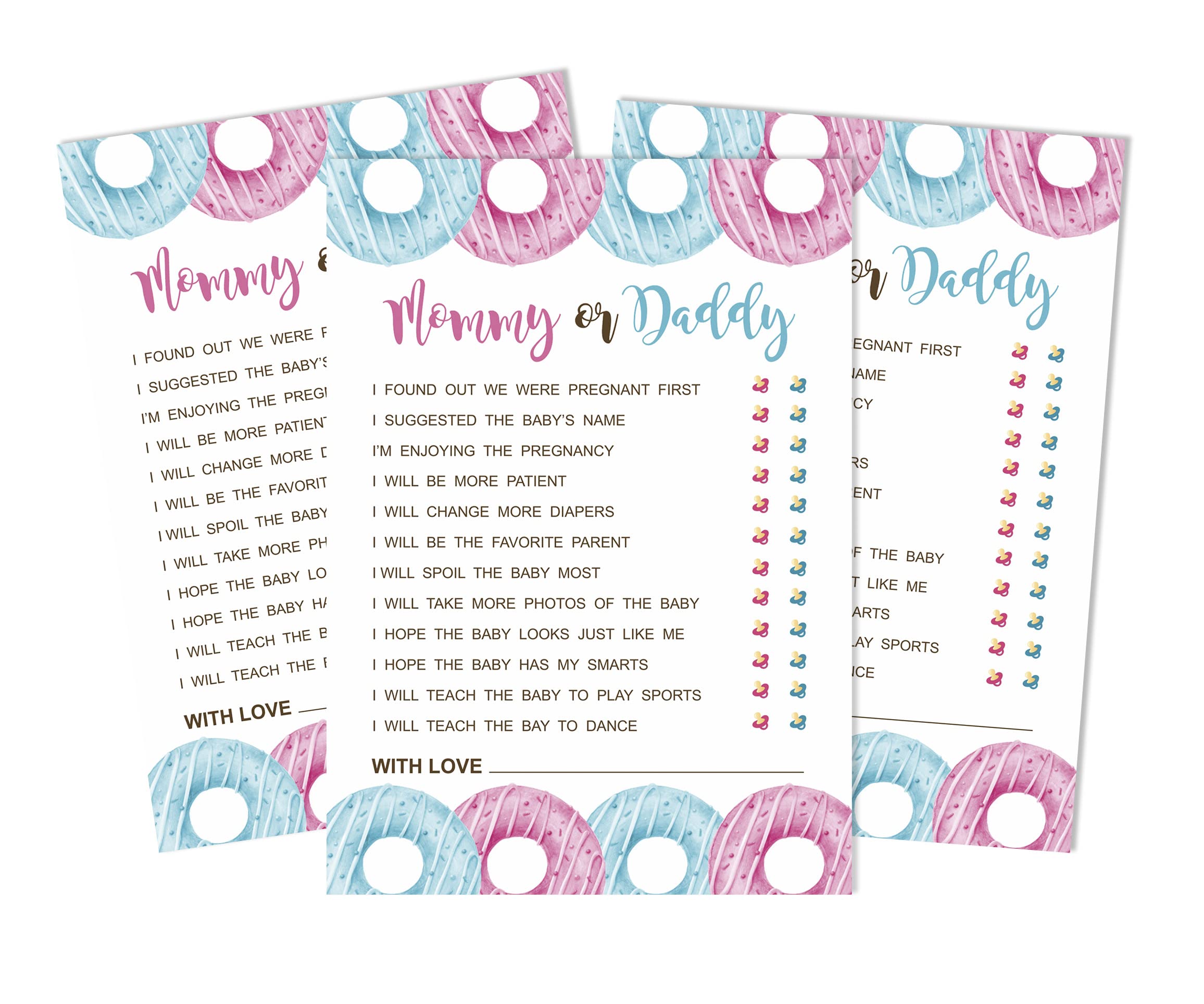Inkdotpot Mommy Or Daddy Who said it Game He Or She Donuts Set Of 50 Fun Baby Shower Game Party Supply