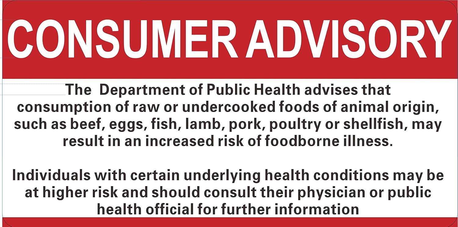Restaurant Consumer Advisory Sign Double Sided Tape White Rust Free 